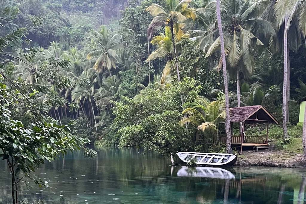 Paisu-Pok Boot und ein Häuschen am Ufer umgeben von Palmen und Dschungel