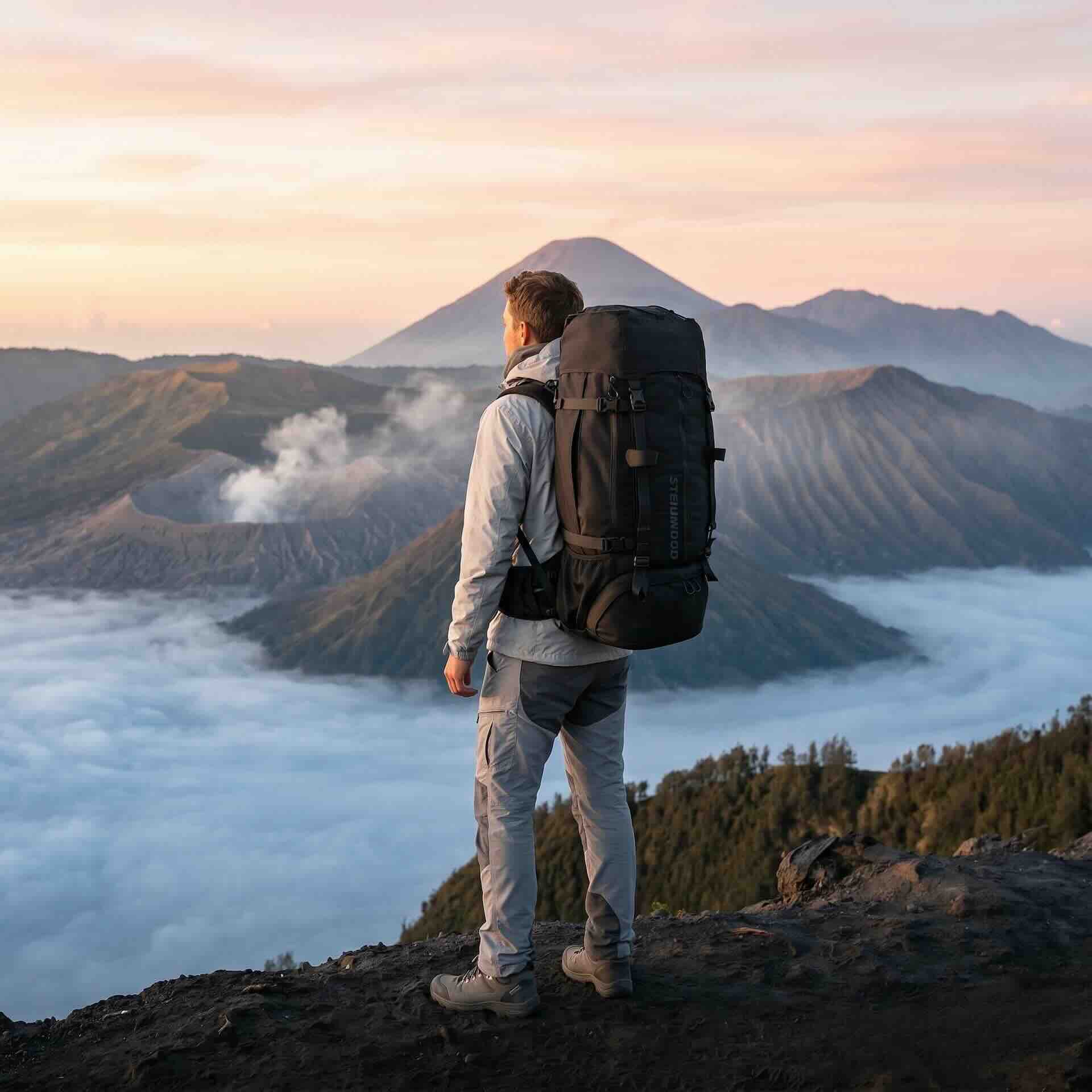 Steinwood 70 Liter Trekkingrucksack vor der Vulkanlandschaft am Mount Bromo auf Java, Indonesien