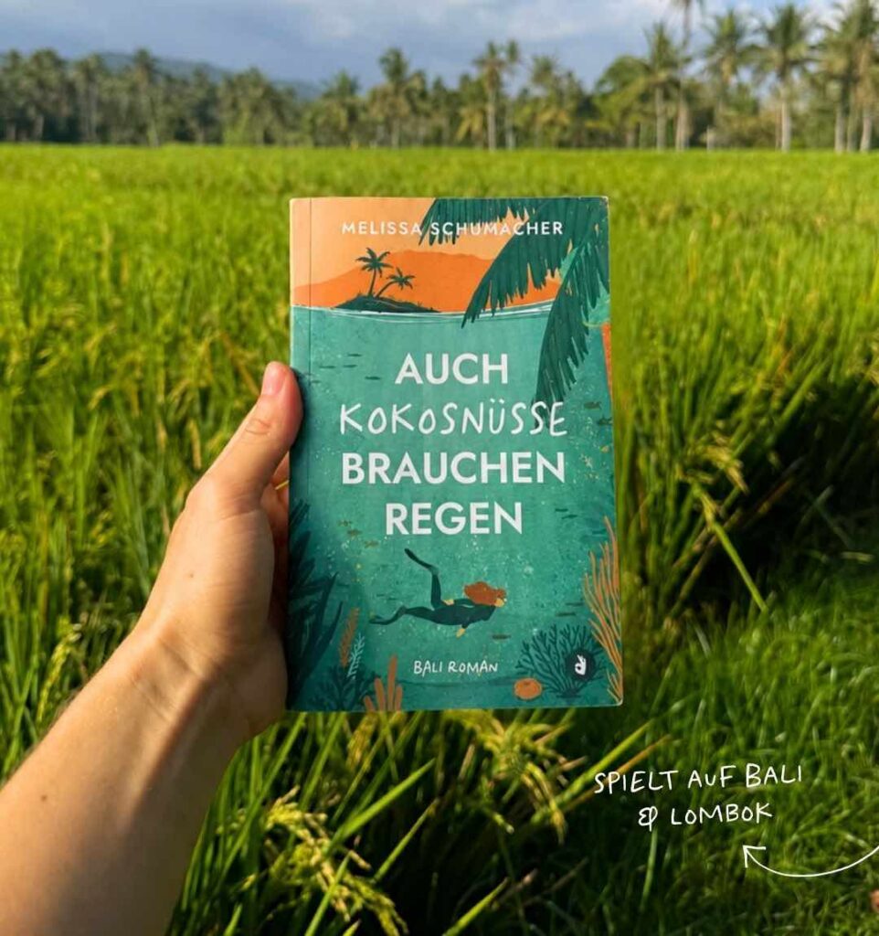 hand hält bali roman auch kokosnuesse brauchen regen vor einem reisfeld