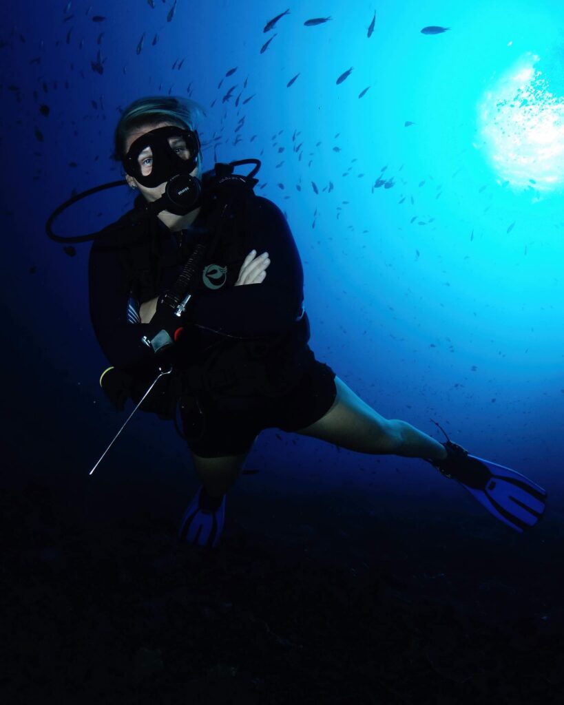 taucherin unter wasser im hintgerund ein fischschwarm und licht der oberfläche
